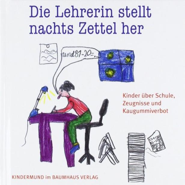Eine gezeichnete Lehrerin sitzt nachts an ihrem Schreibtisch und bereitet Zettel vor.