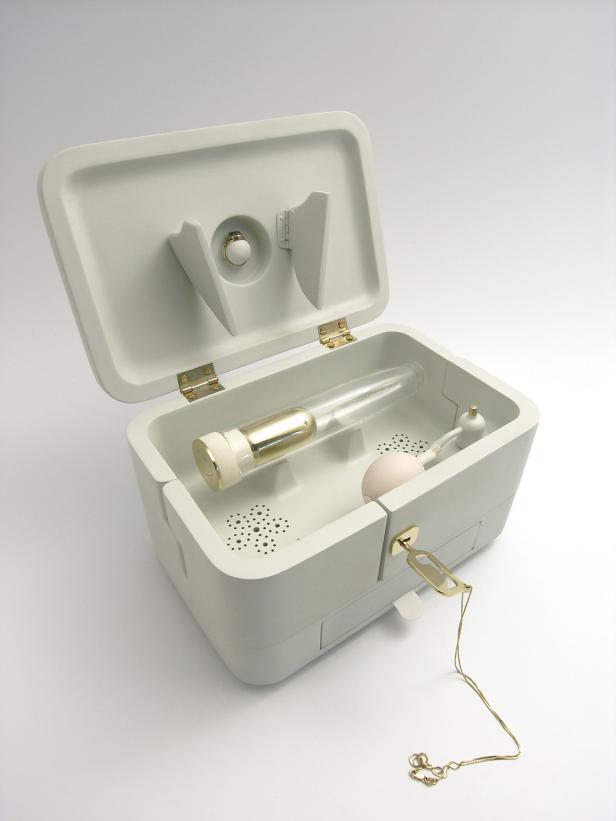 Eine geöffnete, hellgraue Schmuckschatulle mit goldenen Akzenten und verschiedenen Schmuckstücken darin.