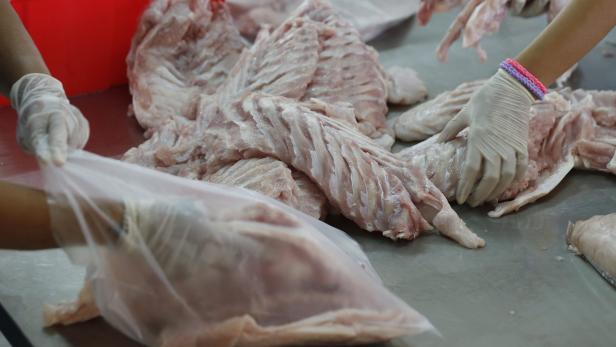 Hände mit Handschuhen verpacken rohe Schweinefüße in Plastiktüten.
