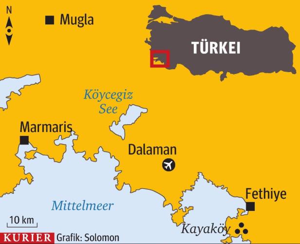 Eine Karte der türkischen Küstenregion um Marmaris, Dalaman und Fethiye.