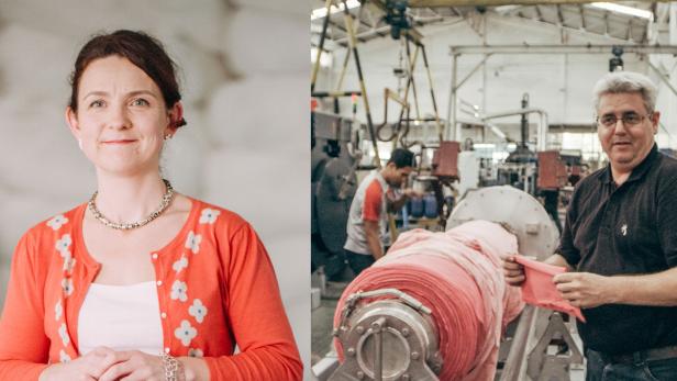 Ein zusammengesetztes Bild zeigt eine Frau und einen Mann in einer Textilfabrik.