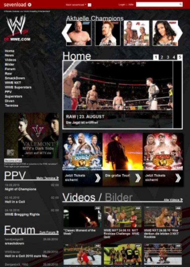 Die Startseite der WWE-Website mit aktuellen Champions, Videos und Veranstaltungshinweisen.