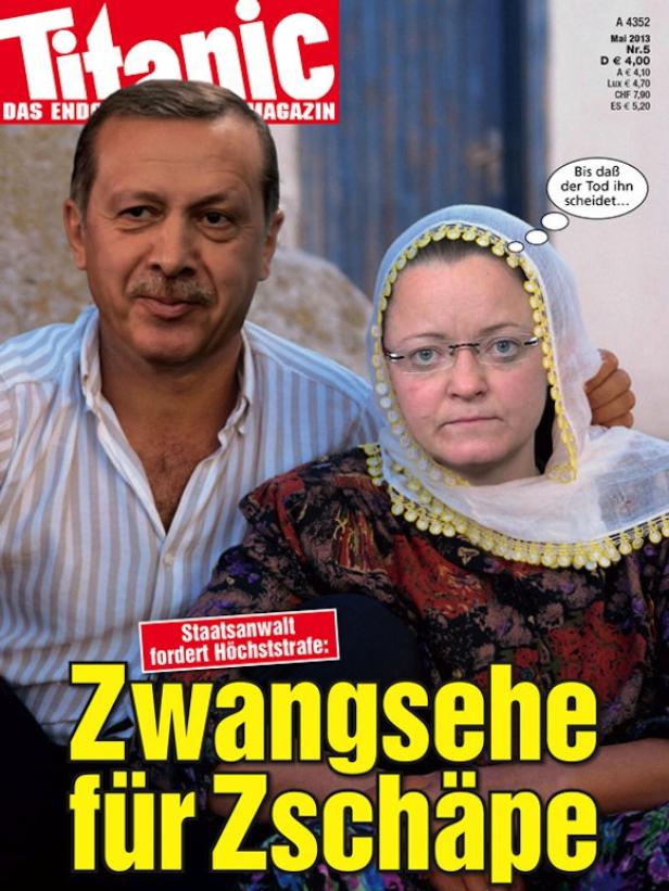 Das Cover der „Titanic“ zeigt ein fiktives Paar: Beate Zschäpe mit Kopftuch und Recep Tayyip Erdoğan.
