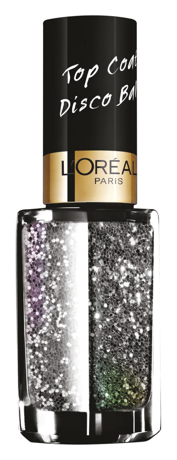Ein Fläschchen „L'Oréal Paris“ Nagellack mit silbernem Glitzer und der Aufschrift „Top Coat Disco Ball“.