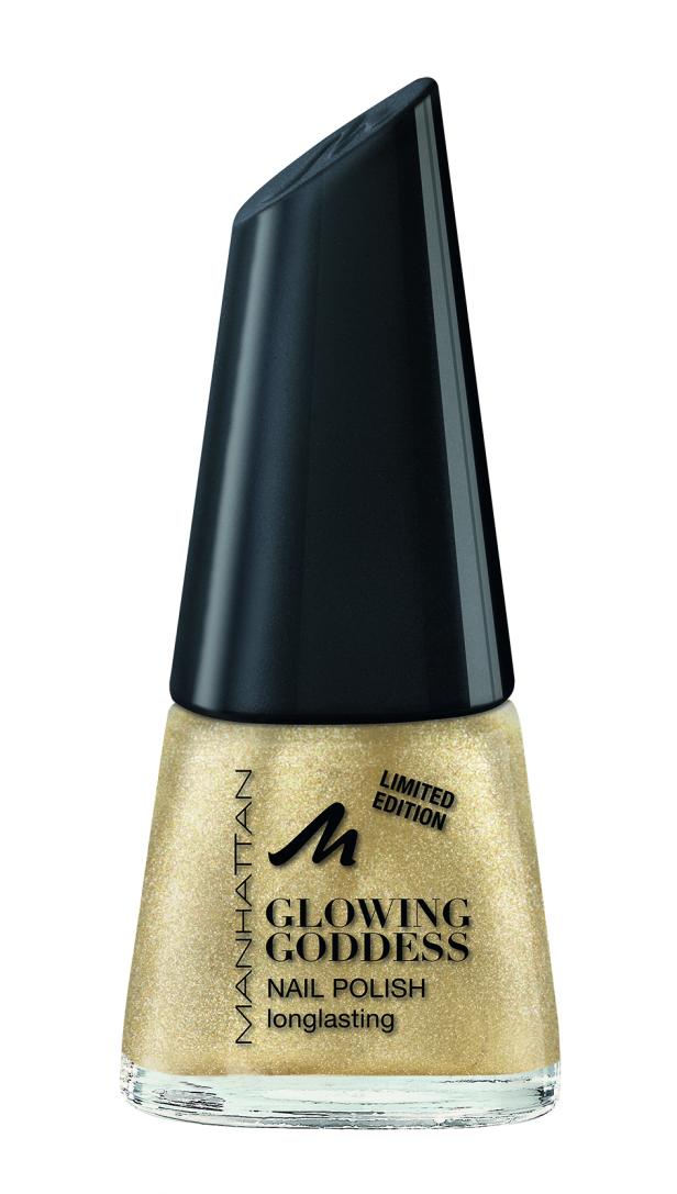 Eine Flasche goldener Nagellack „Glowing Goddess“ von Manhattan, Limited Edition.