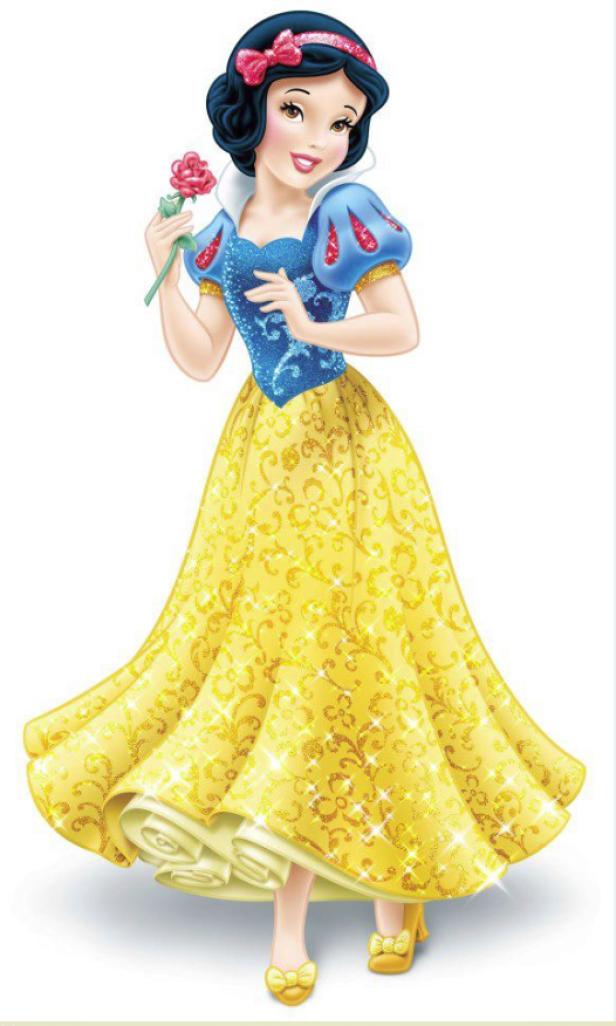 Schneewittchen im gelben Kleid hält eine rote Rose in der Hand.