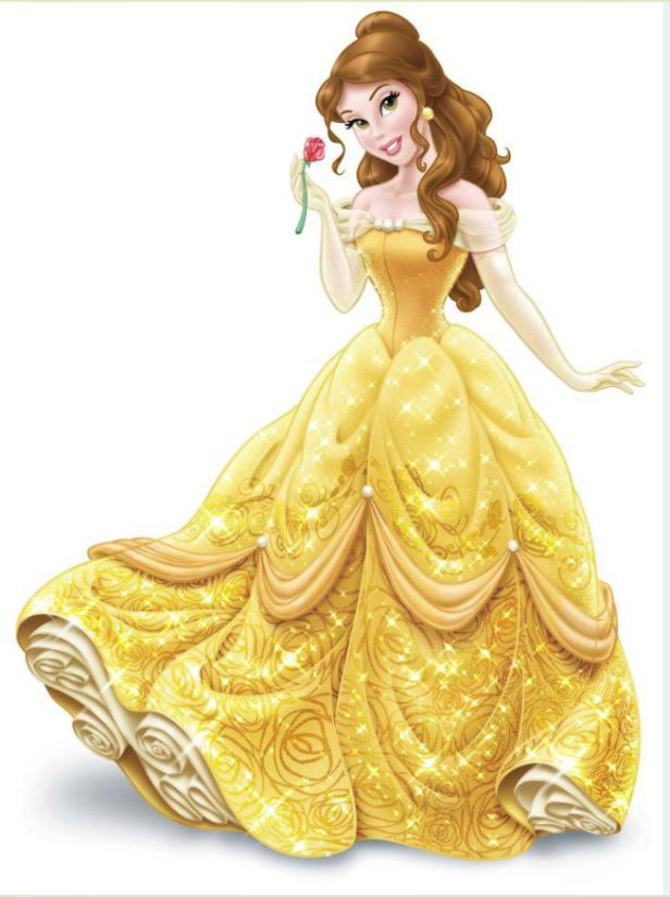 Belle, in ihrem gelben Ballkleid, hält eine rote Rose.