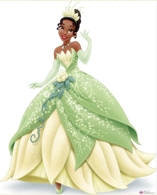 Eine stilisierte Darstellung von Tiana, der Disney-Prinzessin, in einem grünen und gelben Ballkleid.