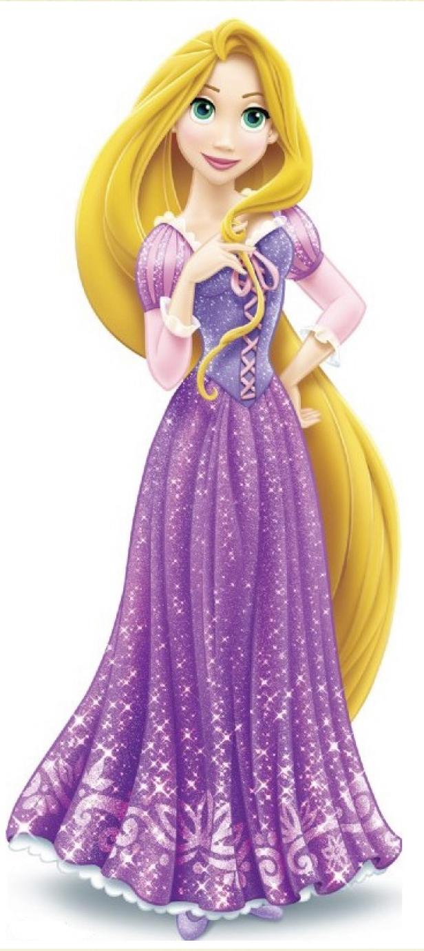 Eine stilisierte Darstellung von Rapunzel mit ihrem langen, blonden Haar und einem lila Kleid.
