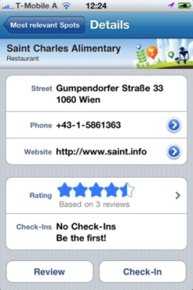 Ein Screenshot der Detailseite des Restaurants „Saint Charles Alimentary“ in Wien.