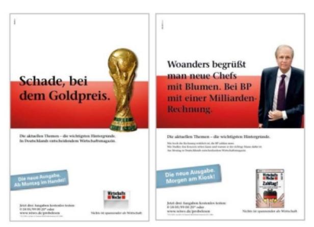 Paul-Bernahrd Kallen, Vorstand Technologie und Treasury/Hubert Burda Media Zwei Werbeanzeigen der „Wirtschaftswoche“ mit Schlagzeilen zu Goldpreisen und BP.