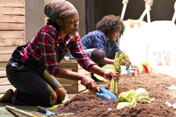Zwei Frauen arbeiten im Garten und pflanzen Gemüse.