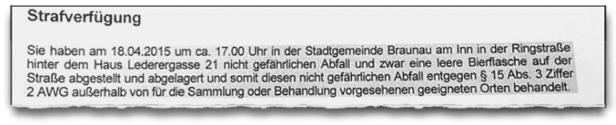 450 Euro Strafe für eine leere Flasche Bier