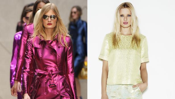 Zwei Models präsentieren Mode: links ein pinkfarbener Trenchcoat, rechts ein gelbes Oberteil.