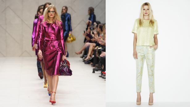 Auf der linken Seite laufen Models in glänzenden Mänteln über einen Laufsteg, rechts ein Model in Hose und Oberteil.