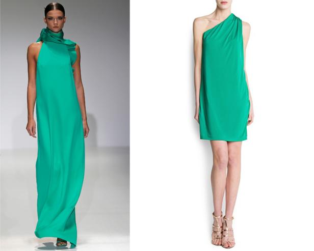 Zwei Models präsentieren smaragdgrüne Kleider, ein langes und ein kurzes, vor weißem Hintergrund.