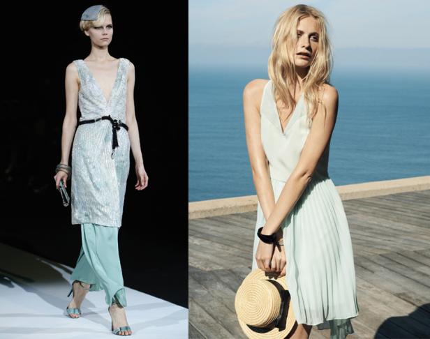 Zwei Frauen präsentieren hellblaue Sommerkleider vor unterschiedlichen Hintergründen.