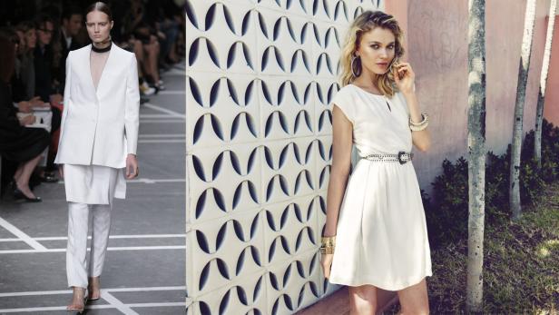 Zwei Frauen präsentieren Mode in Weiß vor unterschiedlichen Hintergründen.