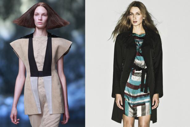 Zwei Frauen präsentieren Mode: links ein beigefarbenes Outfit, rechts ein Kleid mit Trenchcoat.