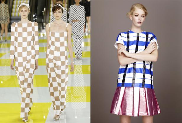 Zwei Models in Schachbrettmuster-Outfits und ein Model in einem blau-weiß gestreiften Kleid mit rosa Rock.