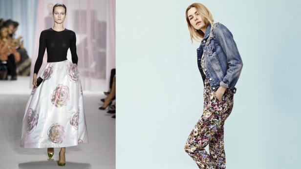 Zwei Models präsentieren unterschiedliche florale Mode vor unterschiedlichen Hintergründen.