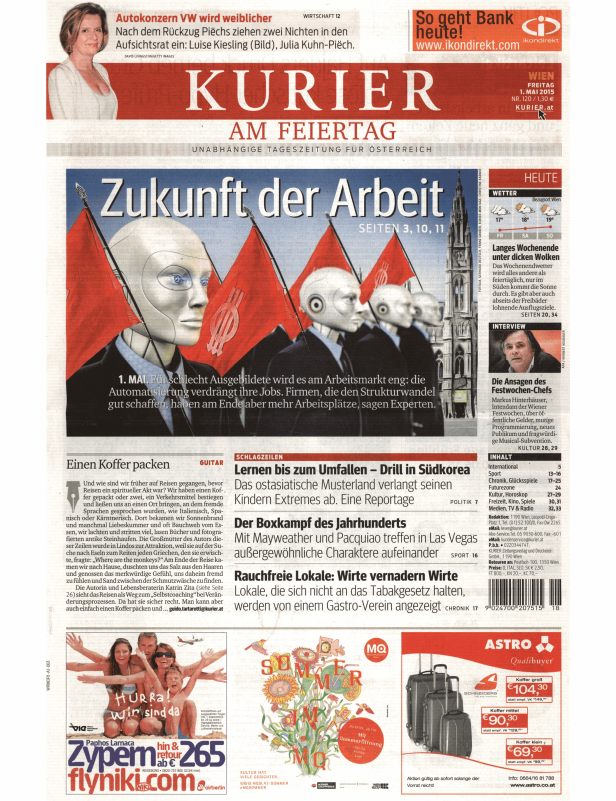 Die Titelseite der Zeitung „Kurier“ vom 1. Mai 2015 mit dem Titelthema „Zukunft der Arbeit“.