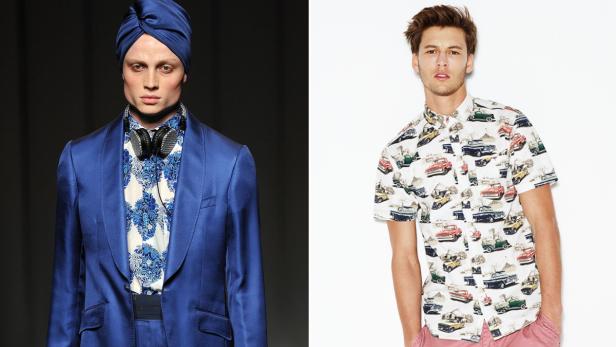 Zwei Männer präsentieren unterschiedliche Mode: ein formeller blauer Anzug und ein lässiges Hemd mit Automotiven.