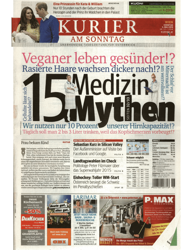 Titelseite des Kurier am Sonntag mit einer Meldung über Prinzessin Kate und Prinz William.