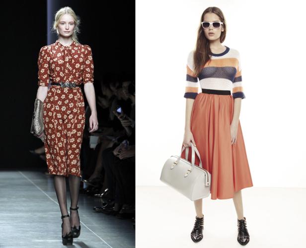 Zwei Models präsentieren Mode: ein geblümtes Kleid und ein gestreiftes Oberteil mit orangefarbenem Rock.