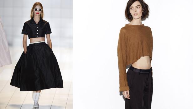 Zwei Models präsentieren bauchfreie Mode in Schwarz und Braun.