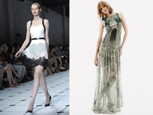 Zwei Models präsentieren Kleider auf einem Laufsteg und vor einem weißen Hintergrund.