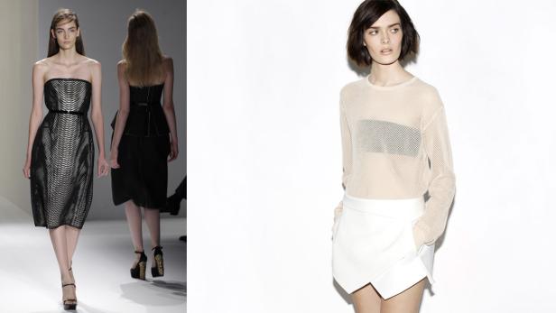 Zwei Models präsentieren Mode: ein trägerloses Kleid und ein Oberteil mit Minirock.