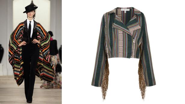 Ein Model auf dem Laufsteg mit einem bunten Poncho und eine Jacke mit Fransen.