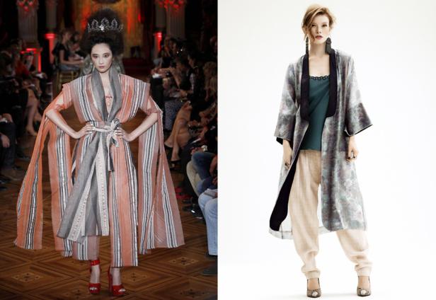 Zwei Models präsentieren verschiedene Outfits, eines davon auf einem Laufsteg.