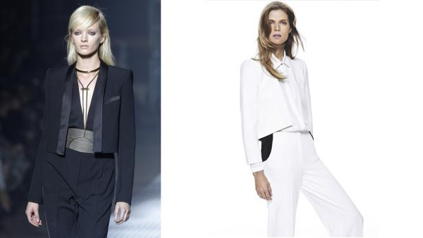 Zwei Models präsentieren elegante Hosenanzüge in Schwarz und Weiß.