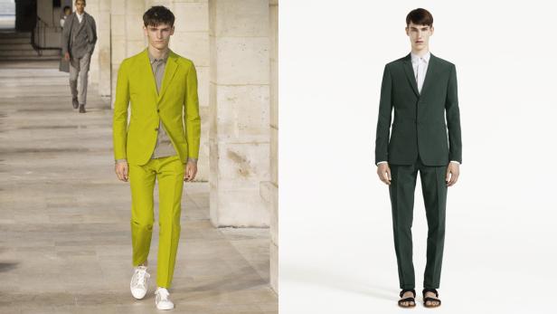 Zwei Männer präsentieren Anzüge in Limettengrün und Dunkelgrün.
