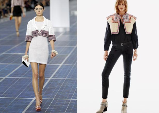 Zwei Models präsentieren Mode: links ein weißes Kleid mit Bolero, rechts Jeans mit bestickter Weste.