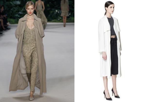 Zwei Models präsentieren lange Mäntel in Beige und Weiß.