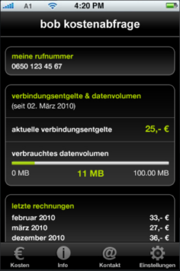 Ein Screenshot der „bob kostenabfrage“-App auf einem iPhone, die Verbindungskosten und Datenvolumen anzeigt.