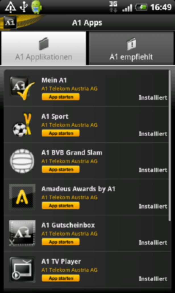 Ein Screenshot eines Android-Smartphones mit einer Liste von A1-Apps.