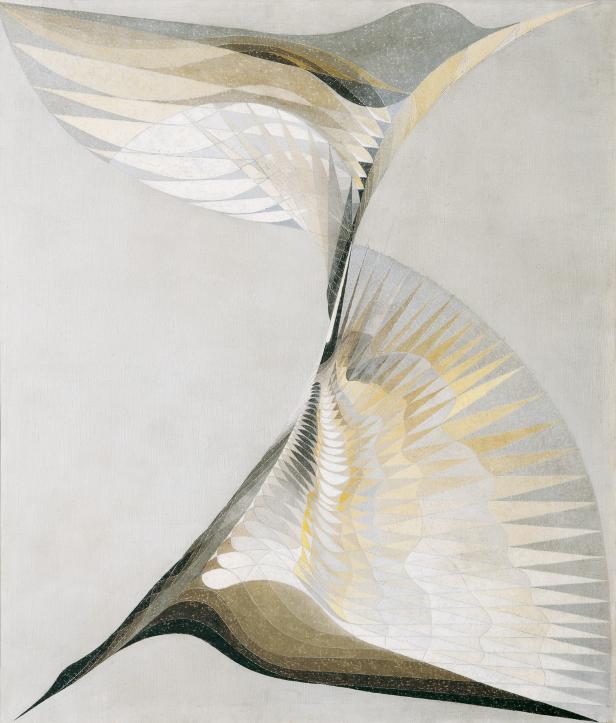 Abstrakte Malerei mit geometrischen Formen in Weiß-, Gold- und Brauntönen.