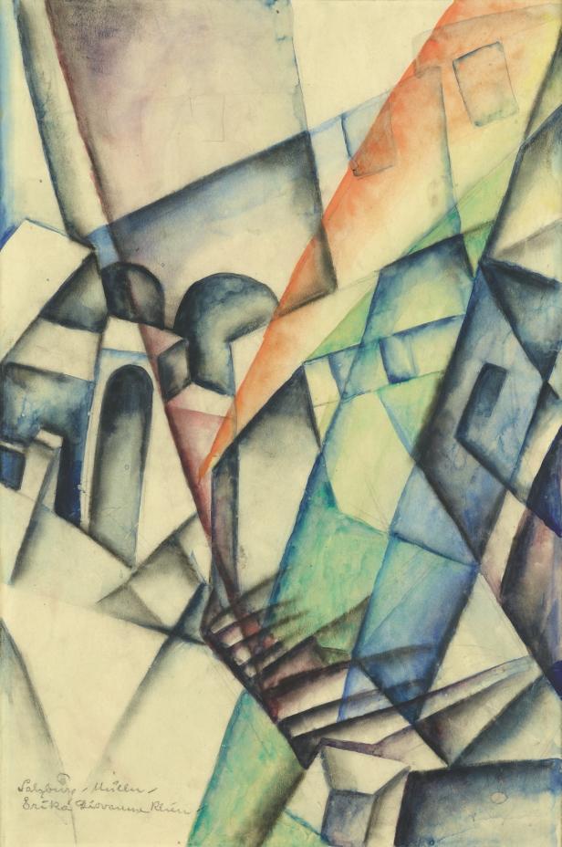 Abstrakte Aquarellmalerei von geometrischen Formen in Blau, Grün und Orange.