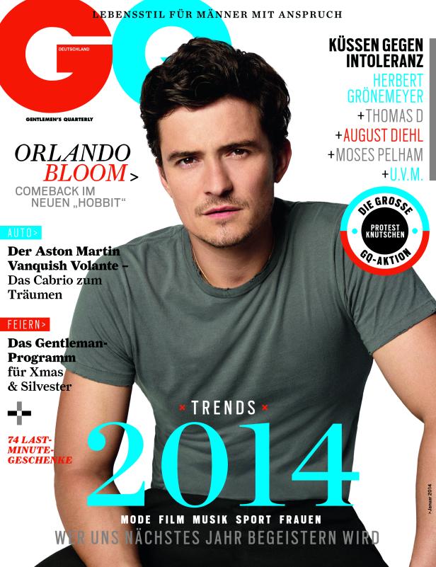 Die Jänner-Ausgabe des GQ Das Cover der GQ Deutschland mit Orlando Bloom im Jahr 2014.