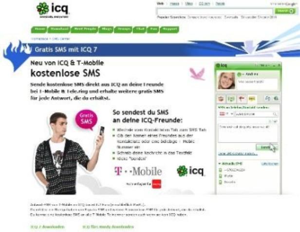Die ICQ-Website wirbt für kostenlose SMS in Zusammenarbeit mit T-Mobile.