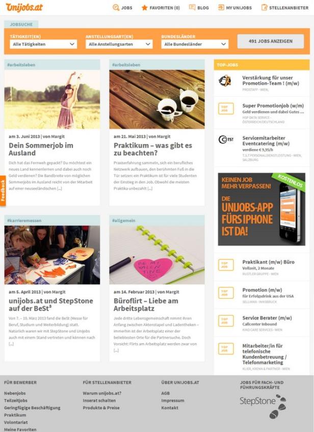 Screenshot der Webseite Unijobs.at mit Jobangeboten und Artikeln zu Karrierethemen.