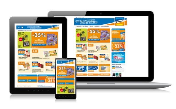 Ein Laptop, ein Tablet und ein Smartphone zeigen die Webseite von Zielpunkt mit aktuellen Angeboten.
