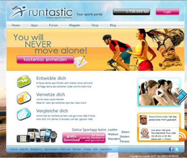 Die Startseite von Runtastic, einem Portal für verschiedene Sportarten.