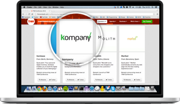 Ein Laptop zeigt die Website der TNW Conference Europe mit den Logos von Kompany, Molith und Marfeel.