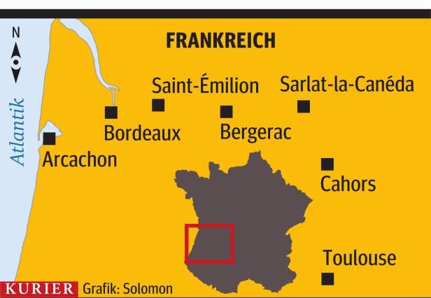Eine Karte von Frankreich mit Städten wie Bordeaux und Toulouse.
