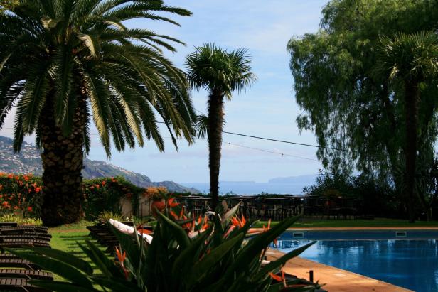 Ein Swimmingpool mit Liegestühlen und Palmen im Hintergrund bietet einen Blick auf das Meer.
